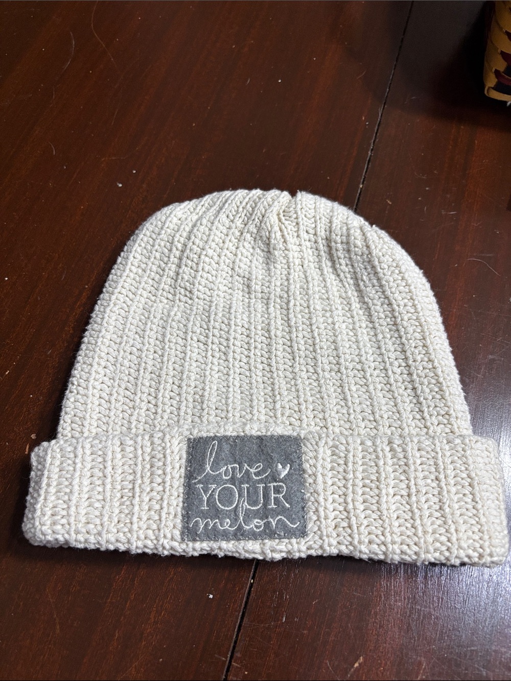 Love Your Melon Cream Knit Beanie with Gray Patch